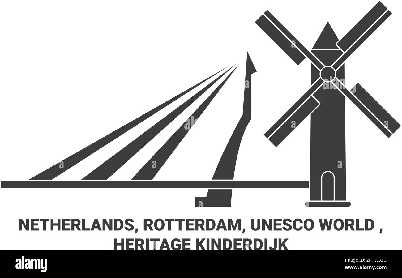 Netherlands, Rotterdam, Unesco World , Heritage Kinderdijk travel landmark vector illustration Stock Vector
