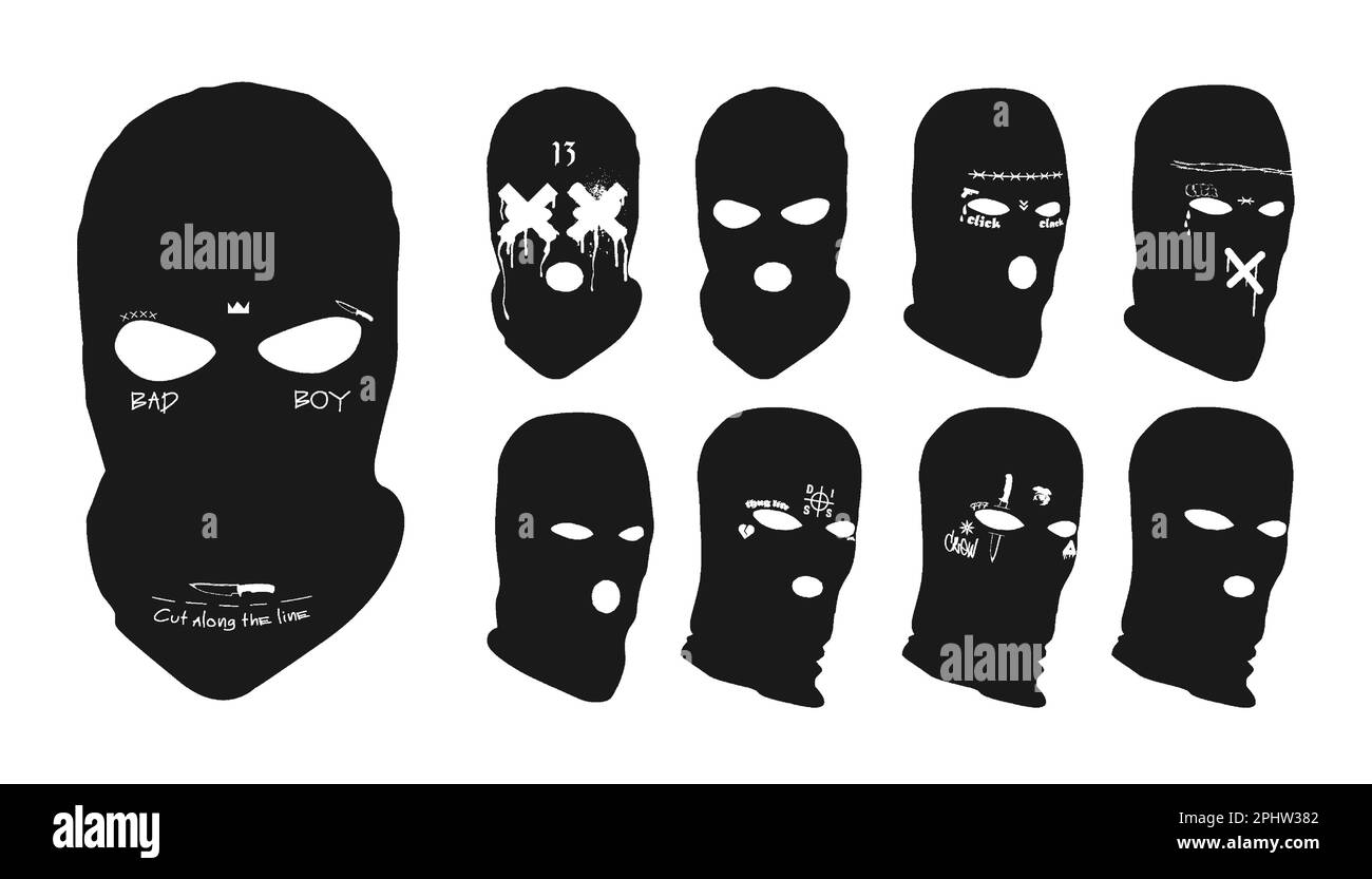 Gangster masks with images and inscriptions, stylish balaclavas  Stock Vector