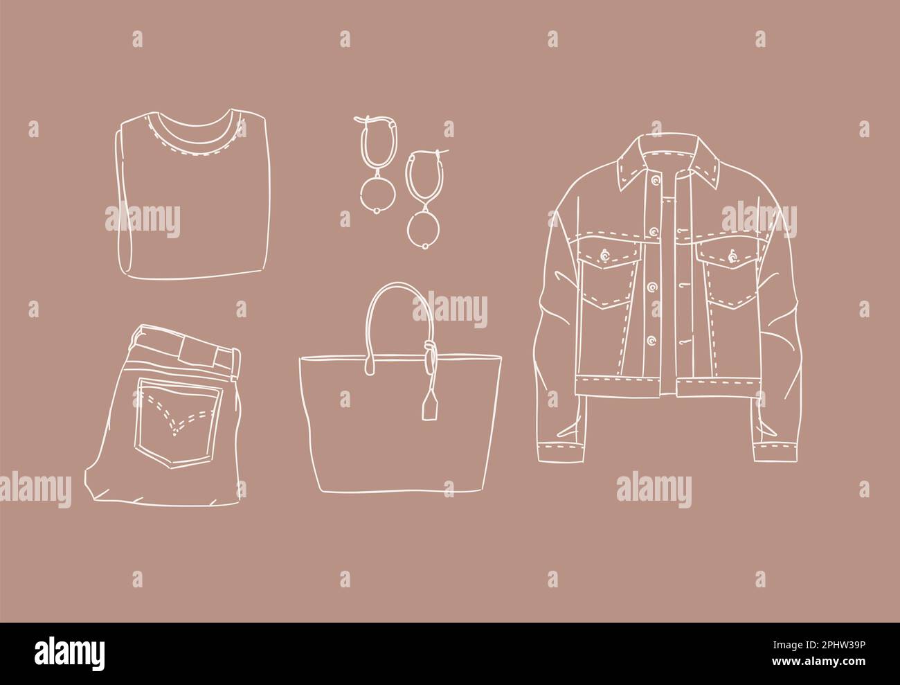 Set of clothes blouse, earrings, pants, jeans, bag, jacket for woman modern spring look in handdrawing style on brown background. Stock Vector