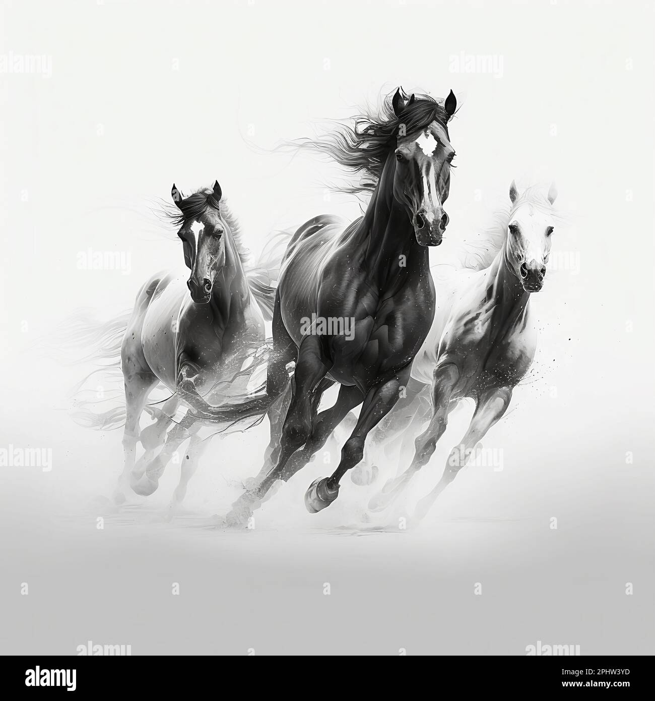 Galloping Horses on White Background. Running stallions and mares. Fast
