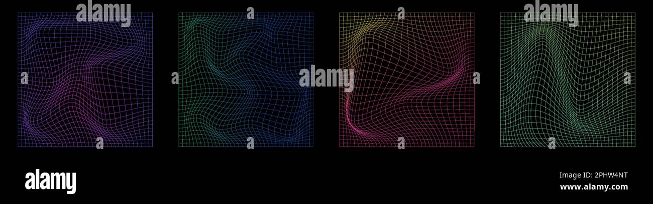 Distorted grid neon pattern set. Futuristic geometric square background. Vector Illustration Stock Vector
