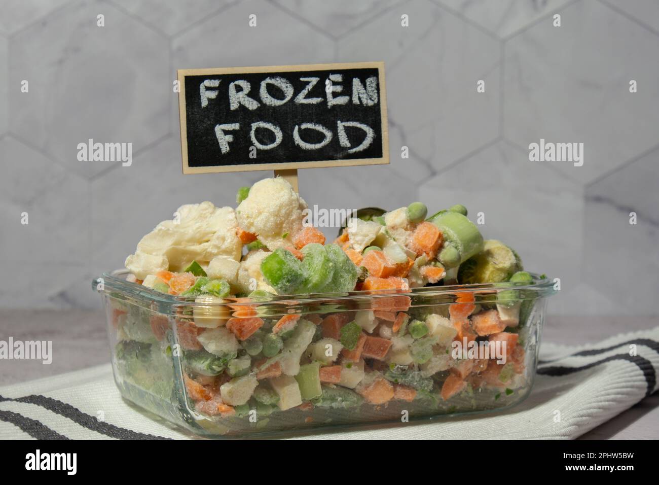Frozen mixed vegetables for longterm storage with blackboard label and