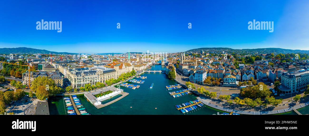 Aerial view of riverside of Swiss river Limmat in Zürich Stock Photo ...