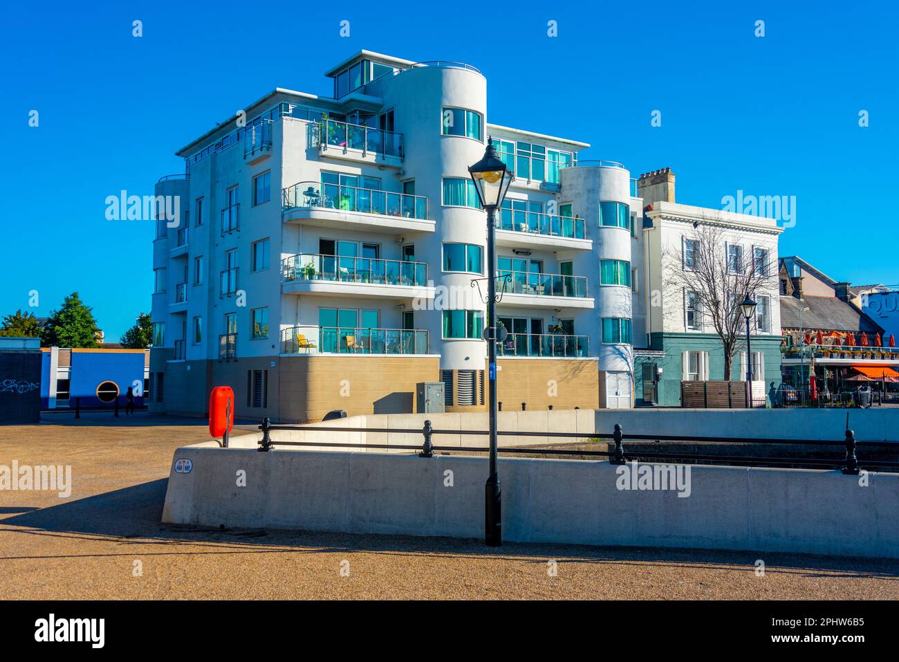 Waterfront of Cardiff bay at Welsh capital Cardiff. Stock Photo
