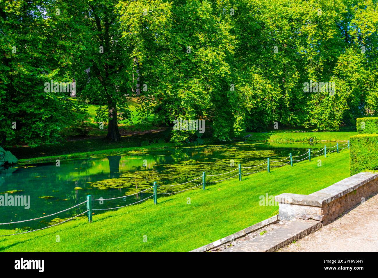 Pond at St. Fagans Castle near Welsh capital Cardiff. Stock Photo