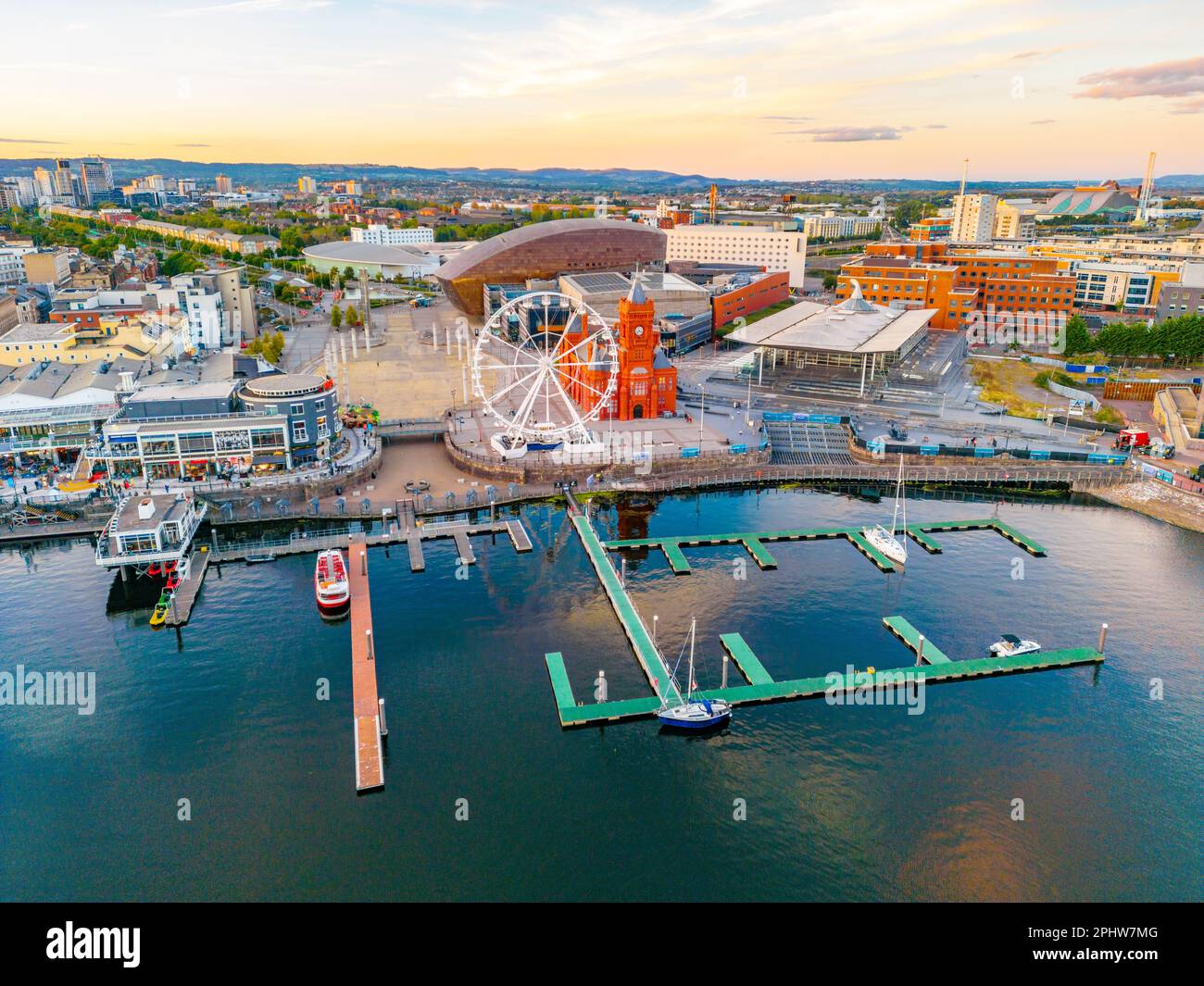 Sunset panorama view of Cardiff bay in Wales. Stock Photo