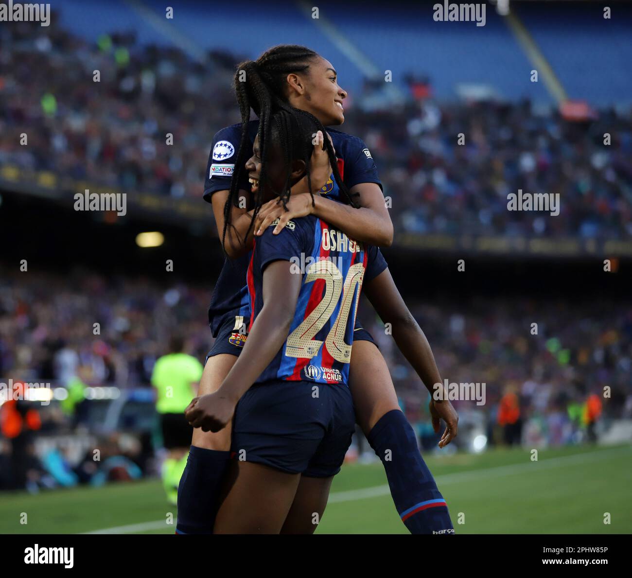 Sabadell, Barcelona, Spain. 29th Mar, 2023. Barcelona Spain 29.03.2023  Asisat Oshoala (FC Barcelona) and Salma Paralluelo (FC Barcelona)  celebrates after scoring his team's fourth goal with his teammates during  the UEFA Womens