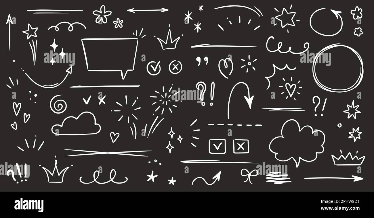 Sketch underline, emphasis, arrow shape set on chalkboard background. Hand drawn brush stroke 