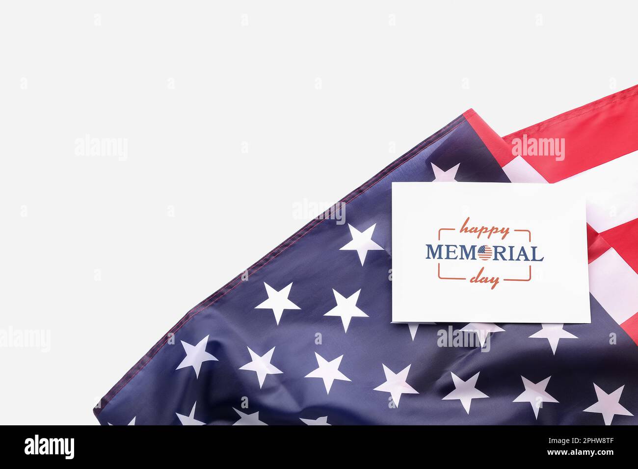 Greeting card with text HAPPY MEMORIAL DAY and USA flag on white ...