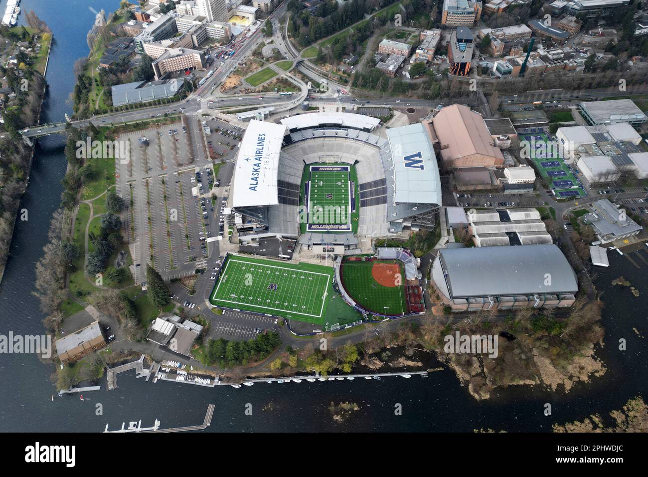 A general overall aerial view of Husky Stadium, Husky Softball Stadium
