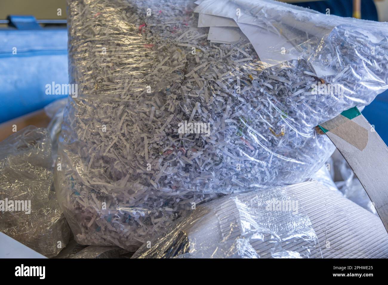 bags of shredded paper in office for recycling Stock Photo Alamy