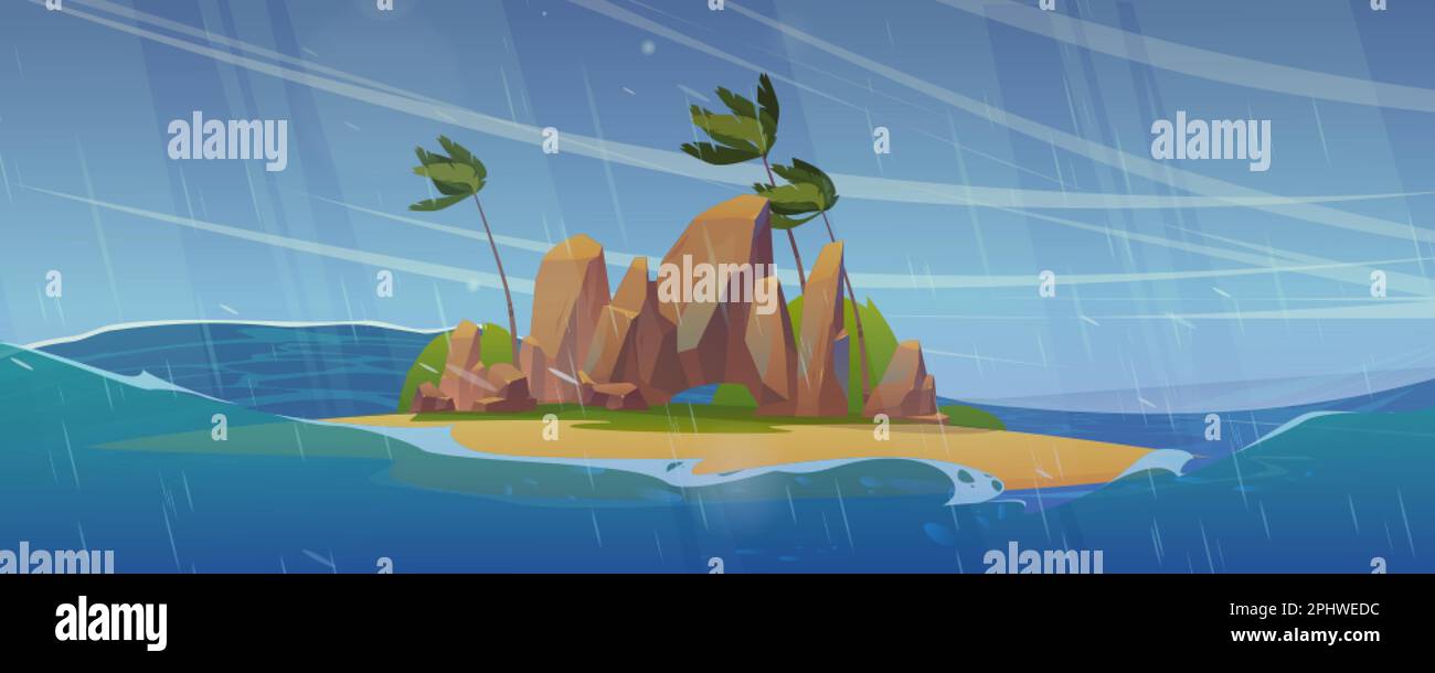 Small island in stormy sea. Vector cartoon illustration of uninhabited