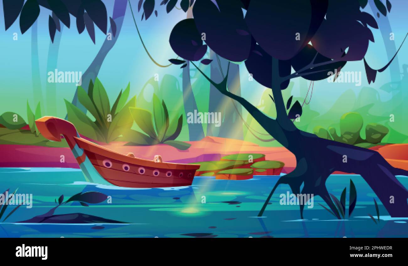 Jungle forest landscape with river and boat on water. Summer woods ...