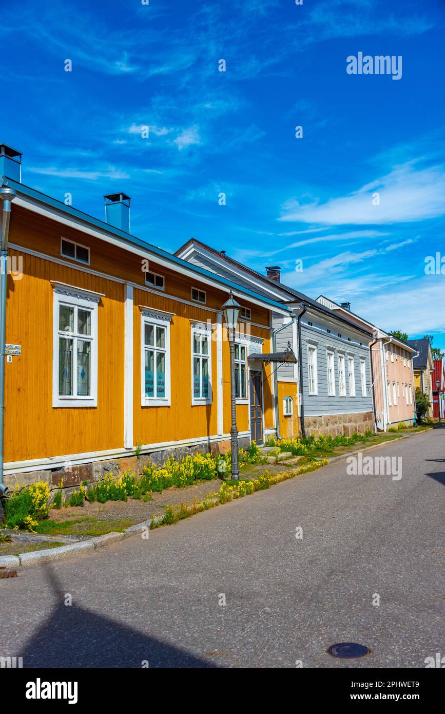 Colorful timber houses in Neristan district of Finnish town Kokkola