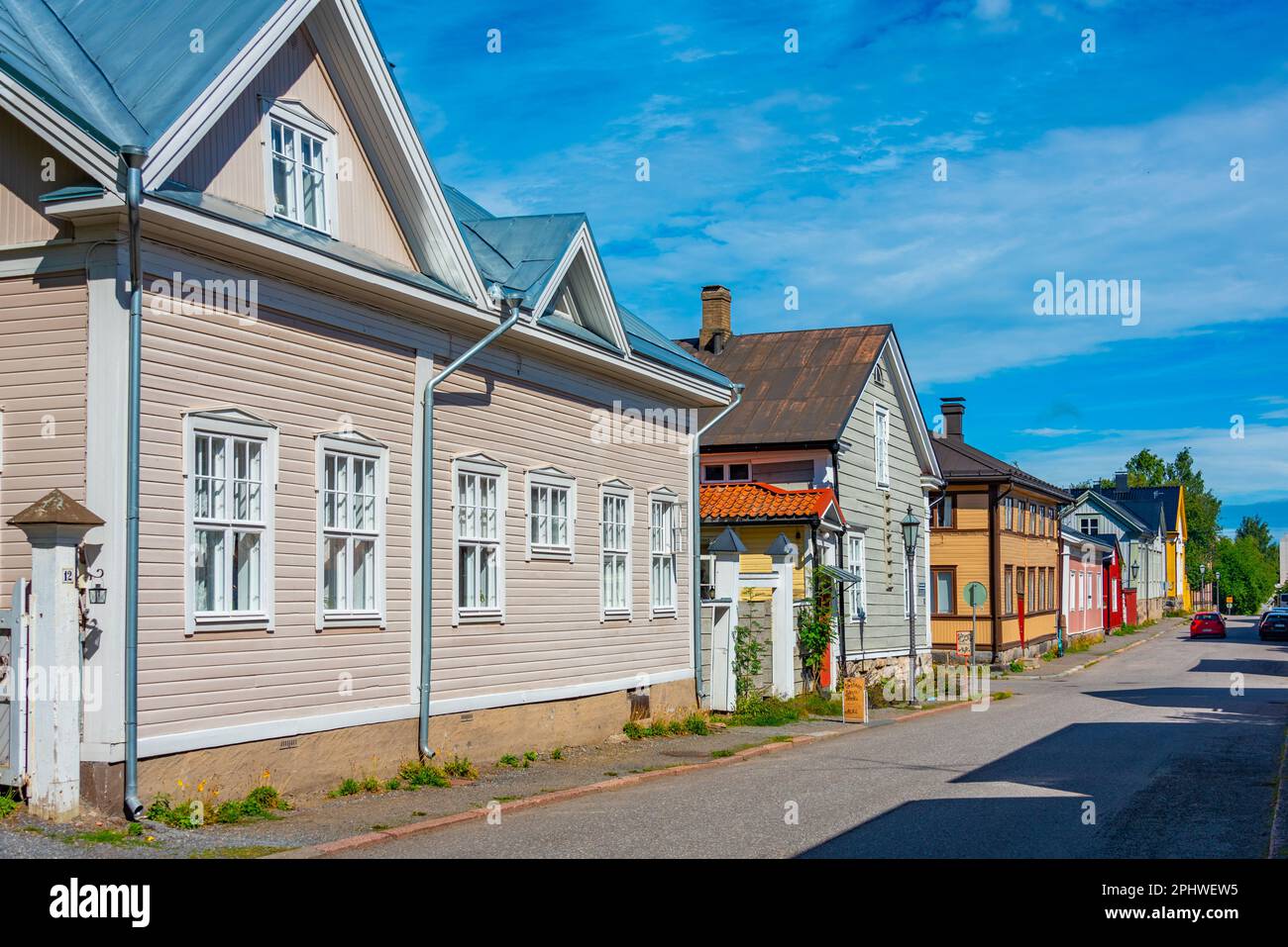 Colorful timber houses in Neristan district of Finnish town Kokkola
