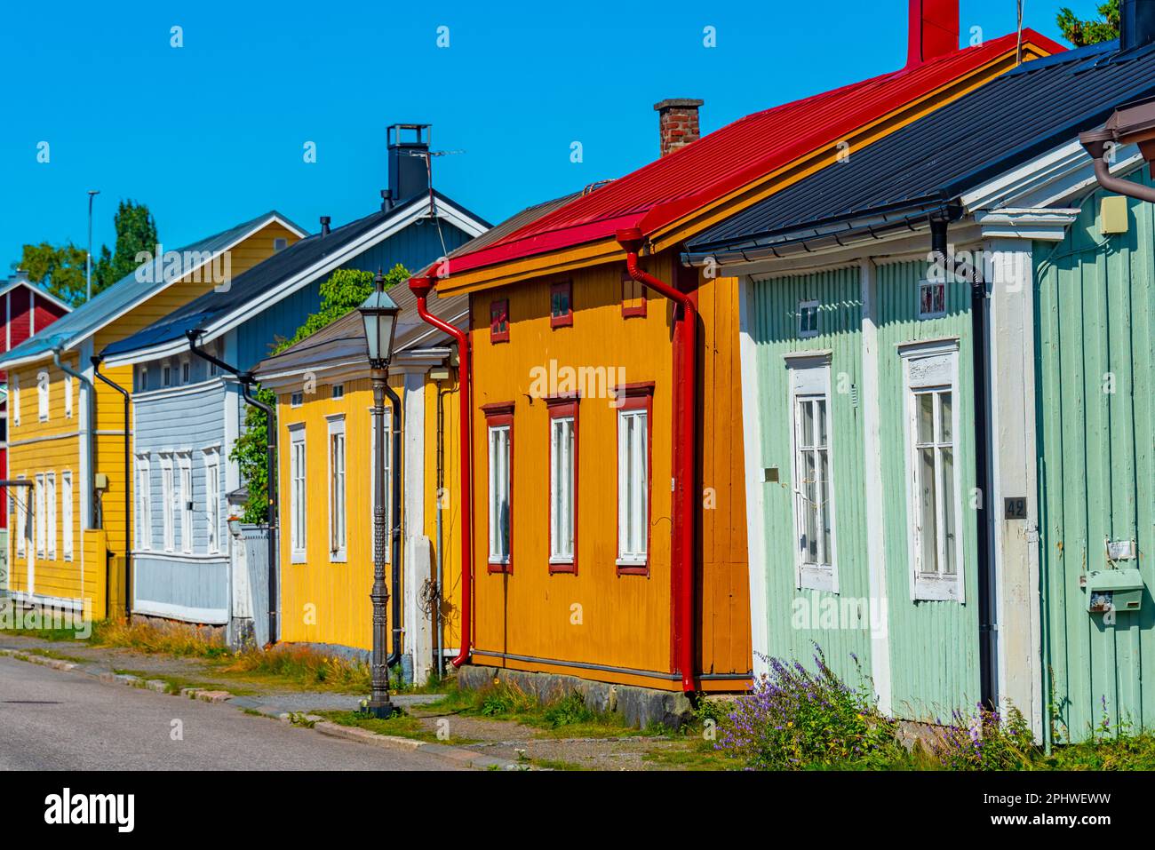 Colorful timber houses in Neristan district of Finnish town Kokkola