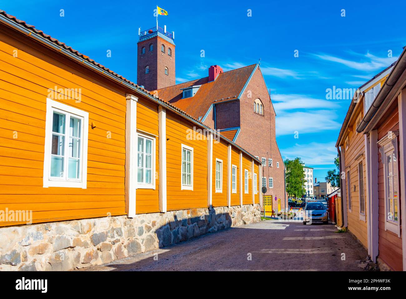 Colorful timber houses in Neristan district of Finnish town Jakobstad