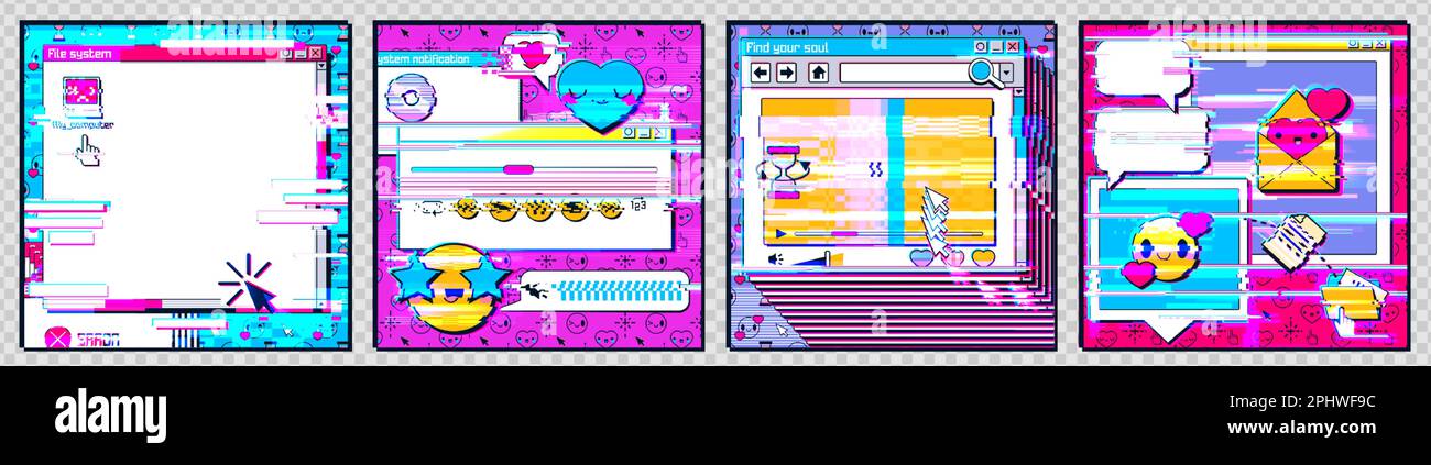 Social media posts with retro computer interface with glitch effect ...