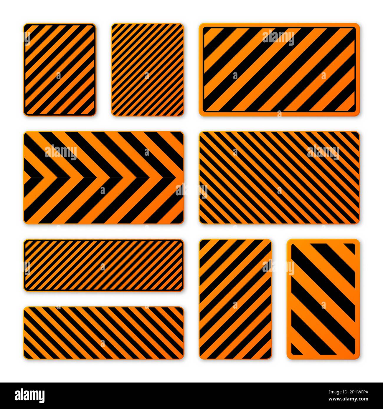 Various black and orange warning signs with diagonal lines. Attention