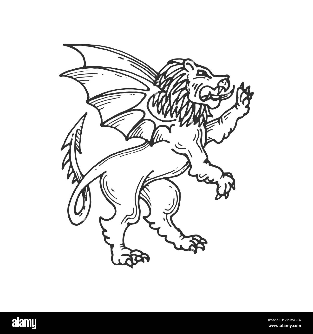 Winged lion medieval heraldic animal sketch. Vector royal heraldry coat of arms, insignia or crest with hand drawn king of beast. Isolated lion with d Stock Vector