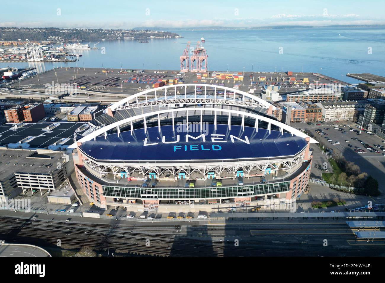 An aerial view of Lumen Field, Wednesday, July 14, 2021, in