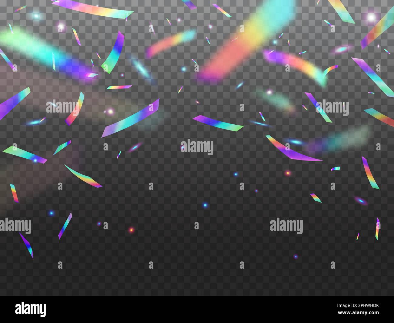 Holographic falling confetti glitters with bokeh light. Vector rainbow