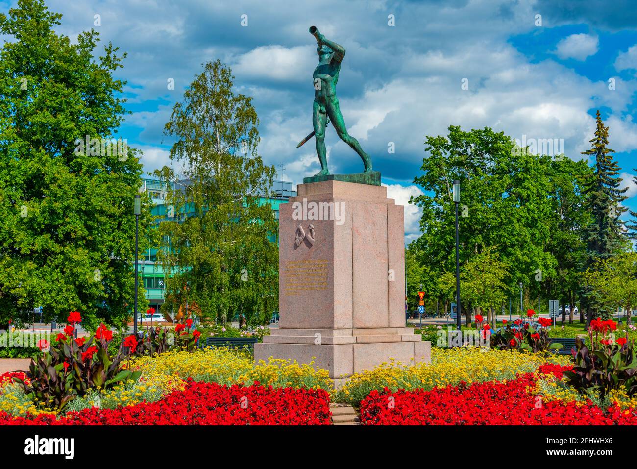 Vapaudenpuisto park in front of the Municipal Theatre of Joensuu in Finland. Stock Photo