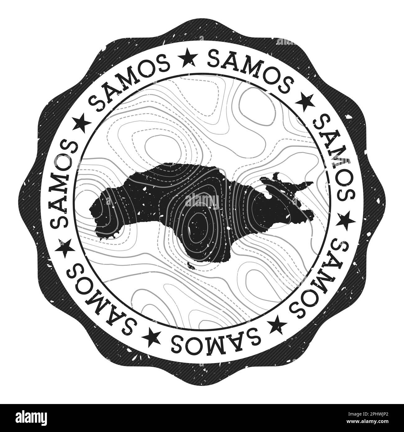 Samos outdoor stamp. Round sticker with map of island with topographic isolines. Vector illustration. Stock Vector