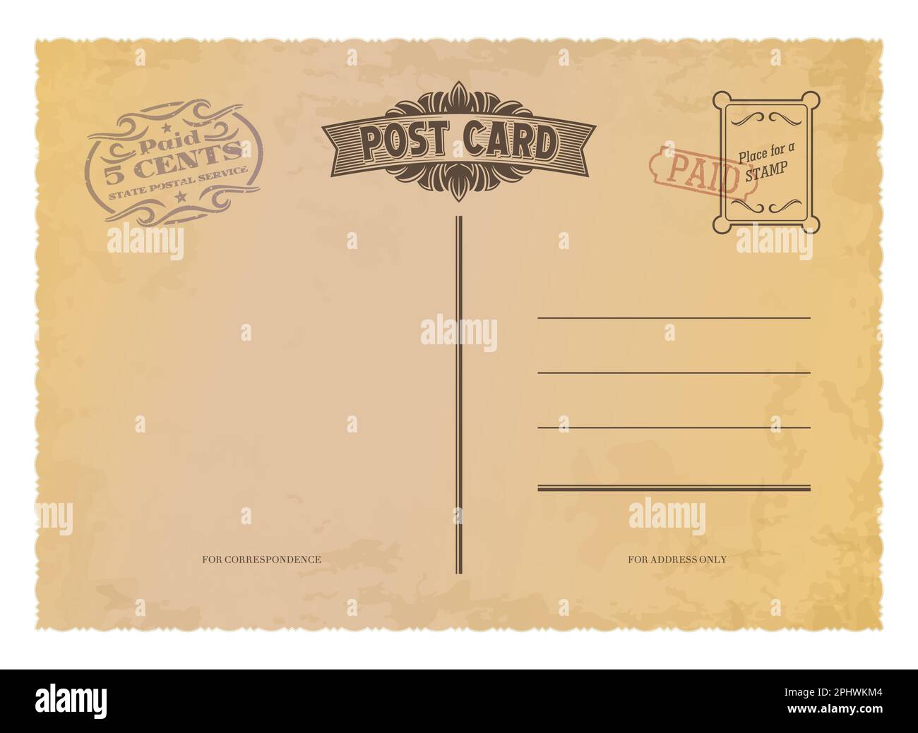 Antique postcard, retro postage stamp on vintage mail. Vector template