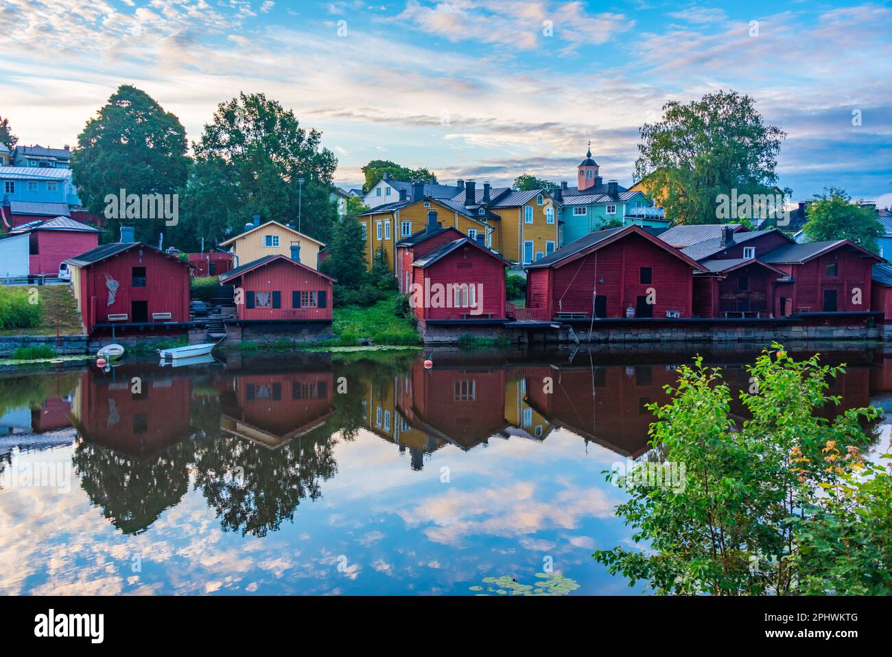 Sunrise view of red wooden sheds in Finnish town Porvoo. Stock Photo