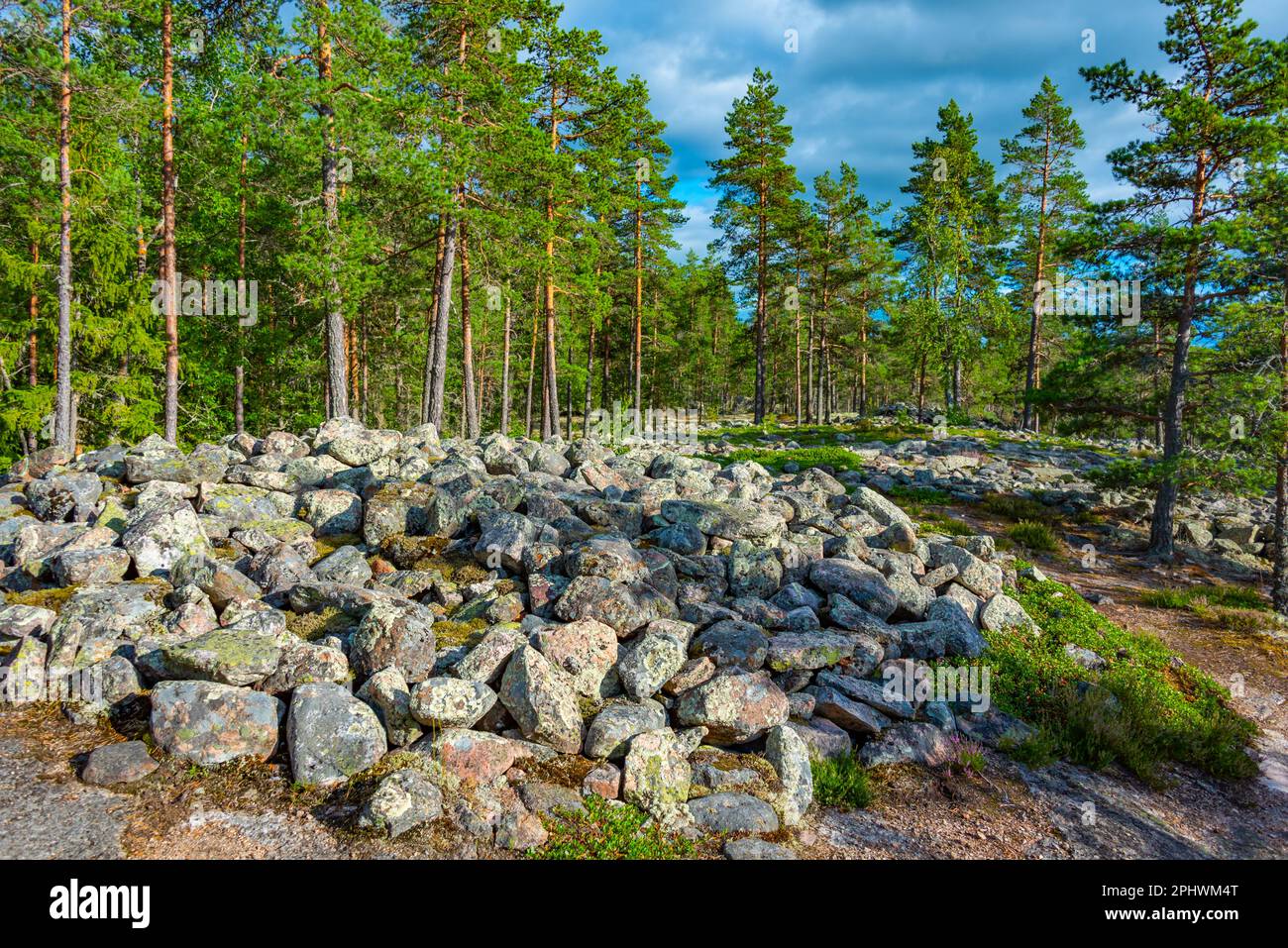 Sammallahdenmäki is a Bronze Age burial site in Finland near Rauma Stock Photo