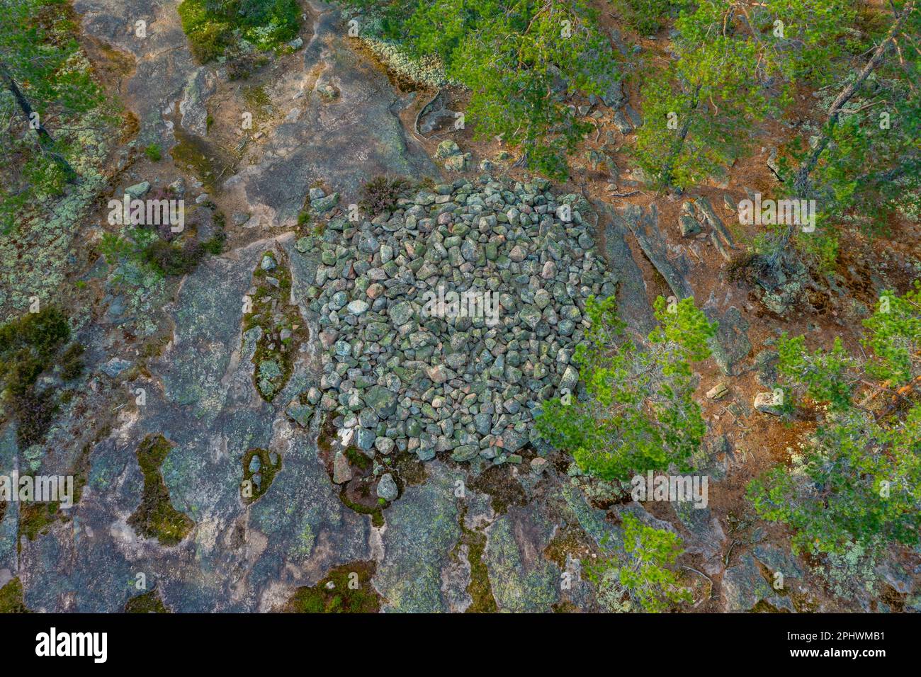 Aerial view of Sammallahdenmäki, a Bronze Age burial site in Finland near Rauma Stock Photo