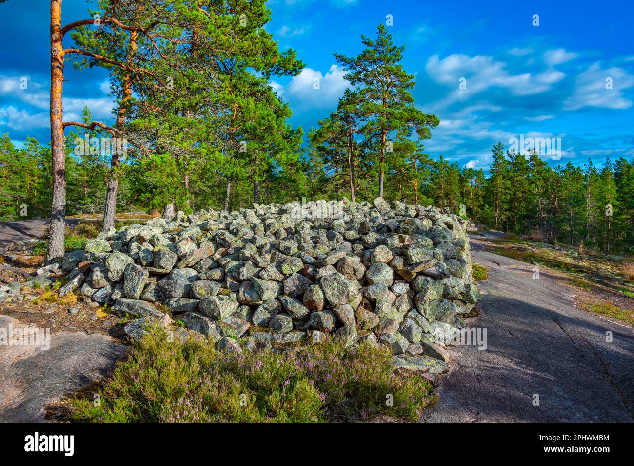 Sammallahdenmäki is a Bronze Age burial site in Finland near Rauma Stock Photo