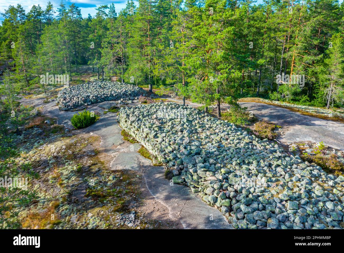 Aerial view of Sammallahdenmäki, a Bronze Age burial site in Finland near Rauma Stock Photo