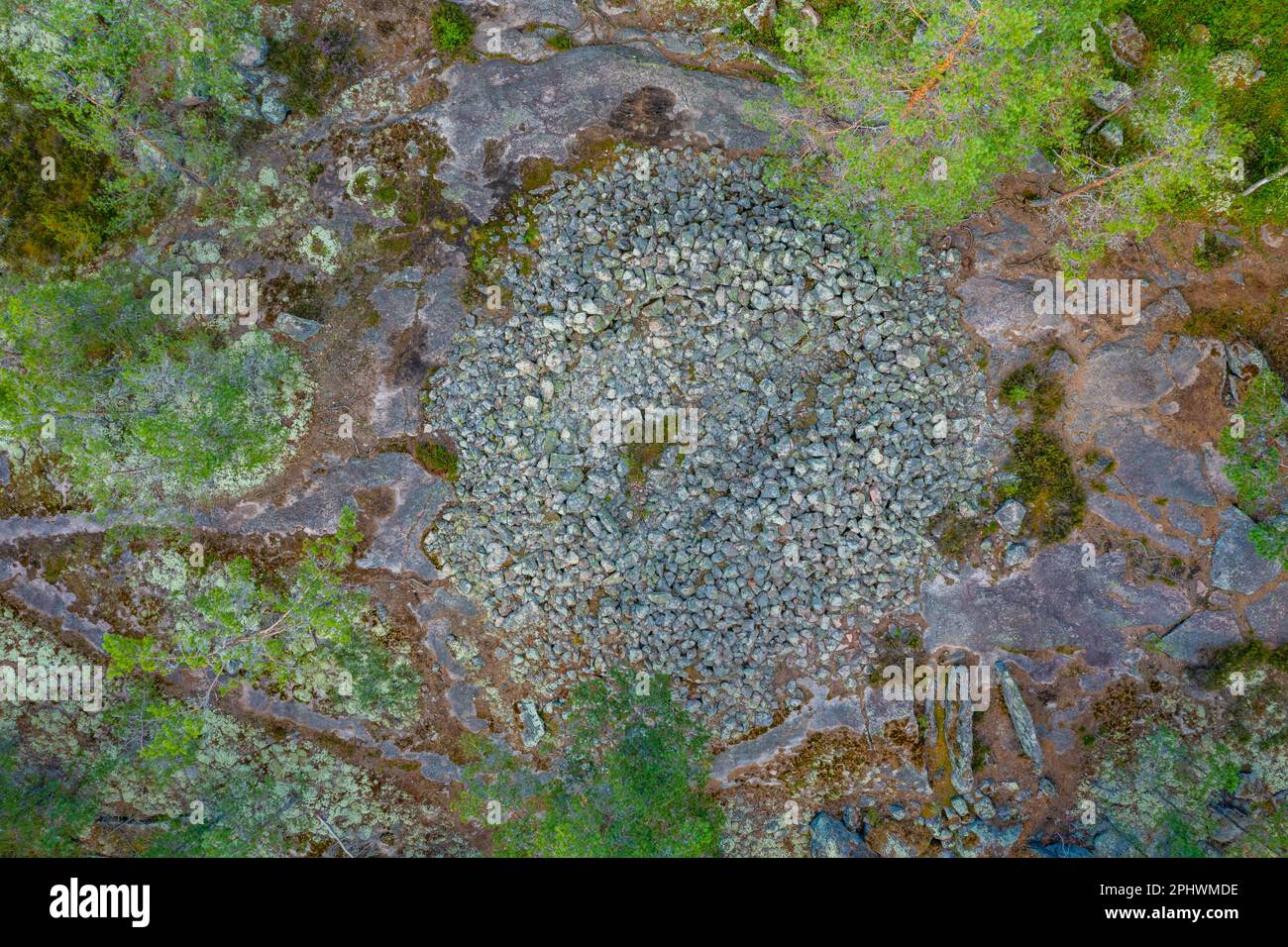 Aerial view of Sammallahdenmäki, a Bronze Age burial site in Finland near Rauma Stock Photo