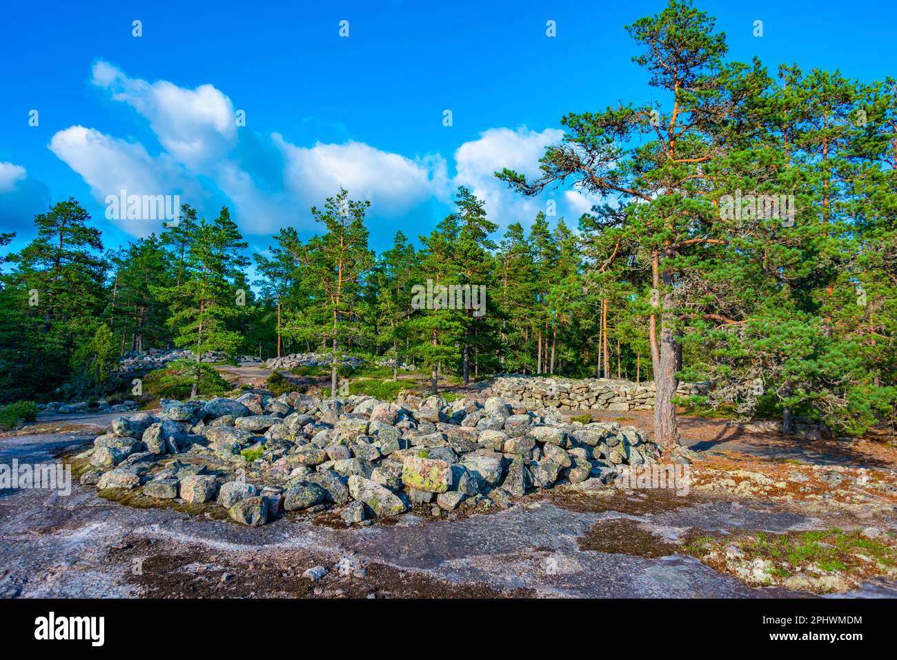 Sammallahdenmäki is a Bronze Age burial site in Finland near Rauma Stock Photo