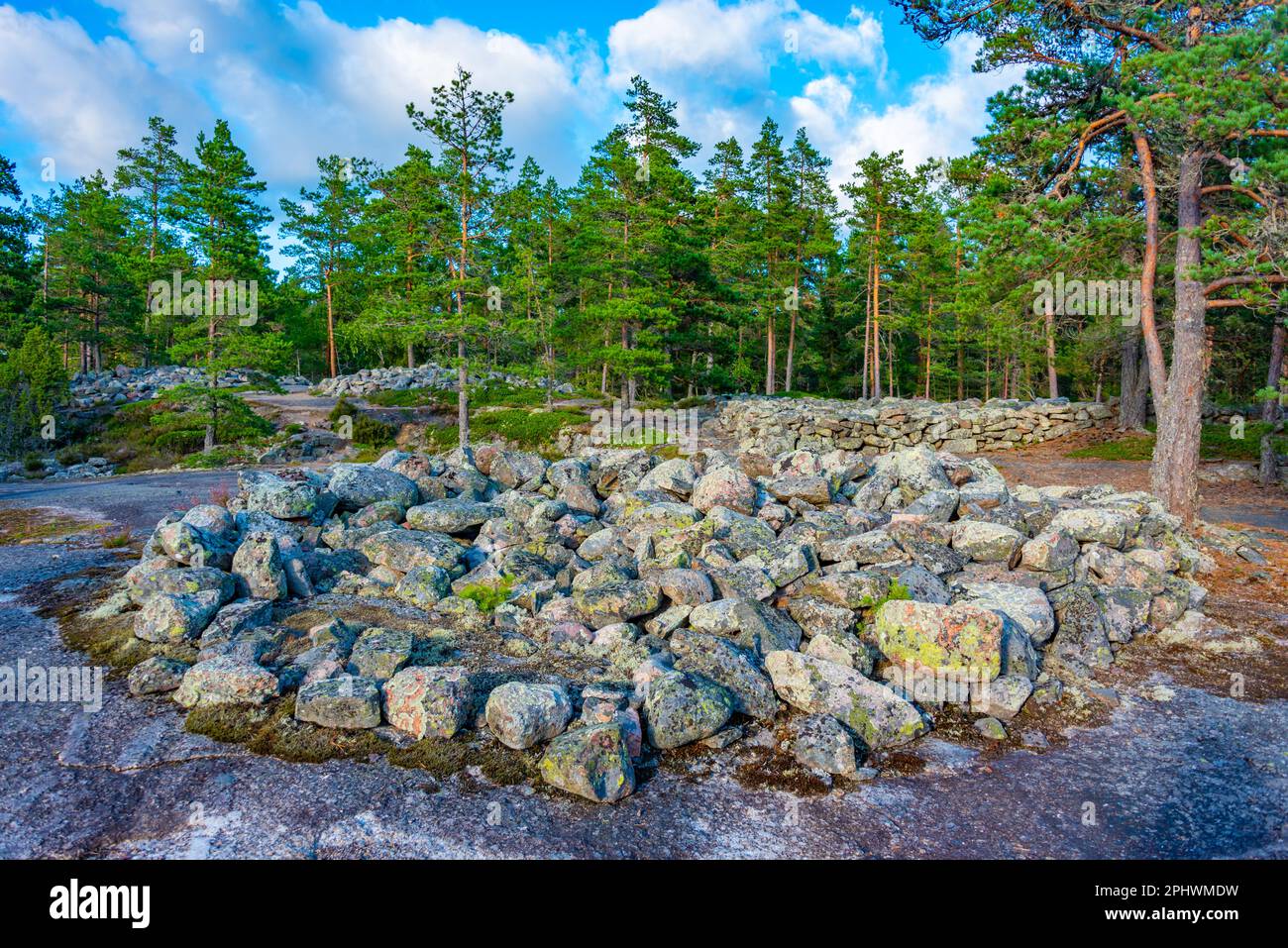 Sammallahdenmäki is a Bronze Age burial site in Finland near Rauma Stock Photo