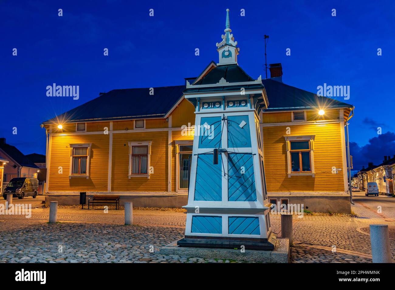 Sunset view of a small square in front of the Rauma Art musem in Rauma, Finland. Stock Photo