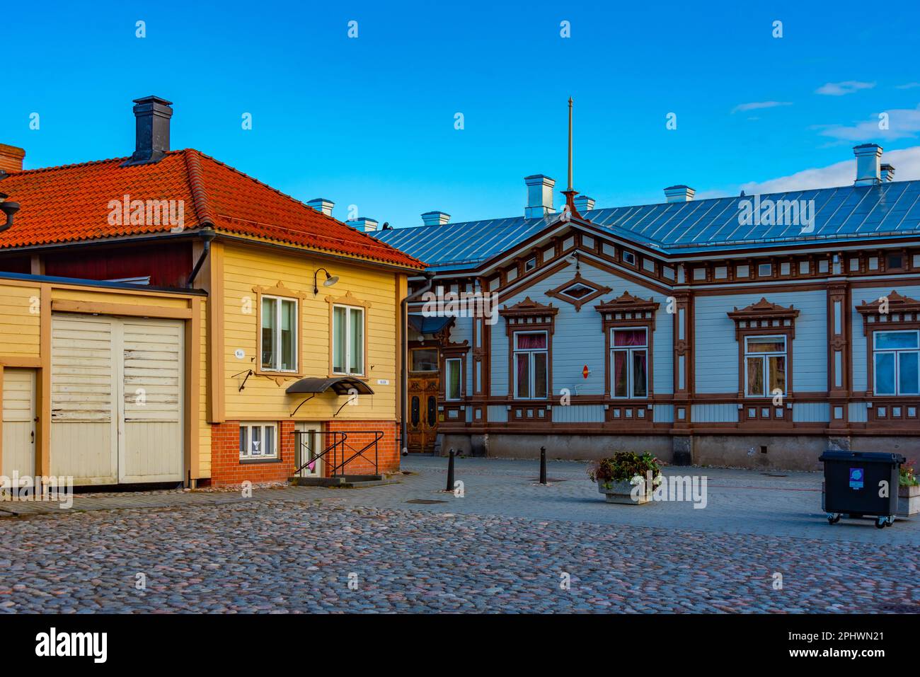 Timber buildings at Vanha Rauma district of Rauma in Finland. Stock Photo