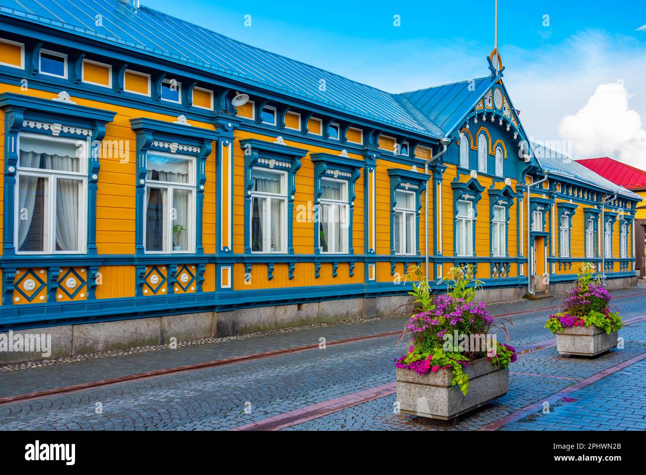 Timber buildings at Vanha Rauma district of Rauma in Finland. Stock Photo
