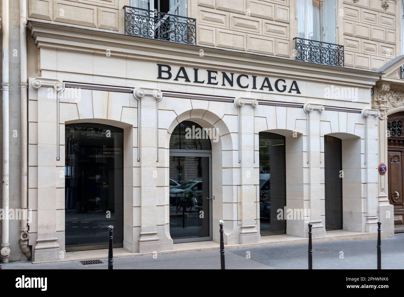 Exterior view of the historic Balenciaga store, 10 avenue V in Paris, France. Balenciaga
