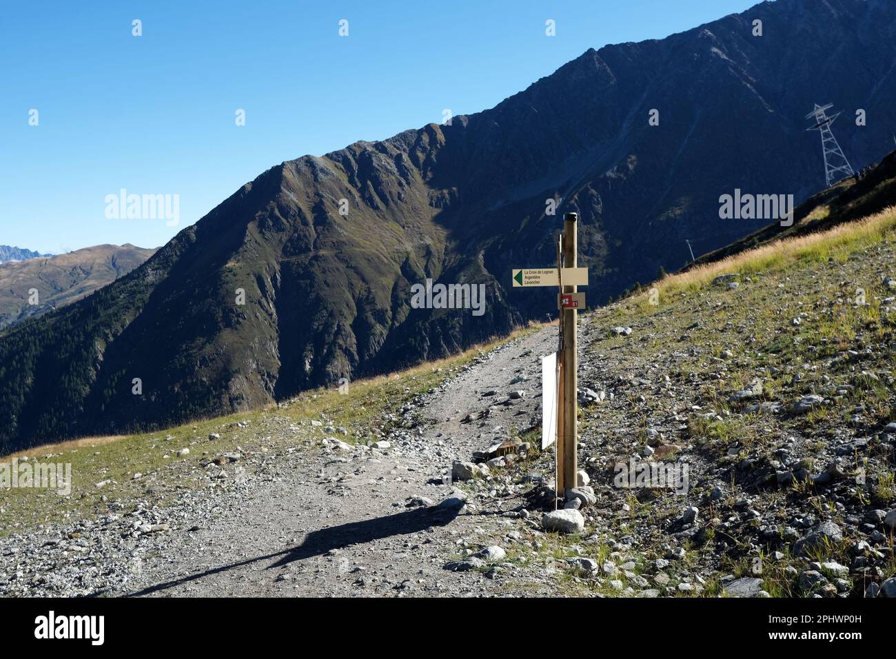 On the trail , directional sign to Argentiere Glacier, Chamonix area, Haute Savoie, France. Stock Photo