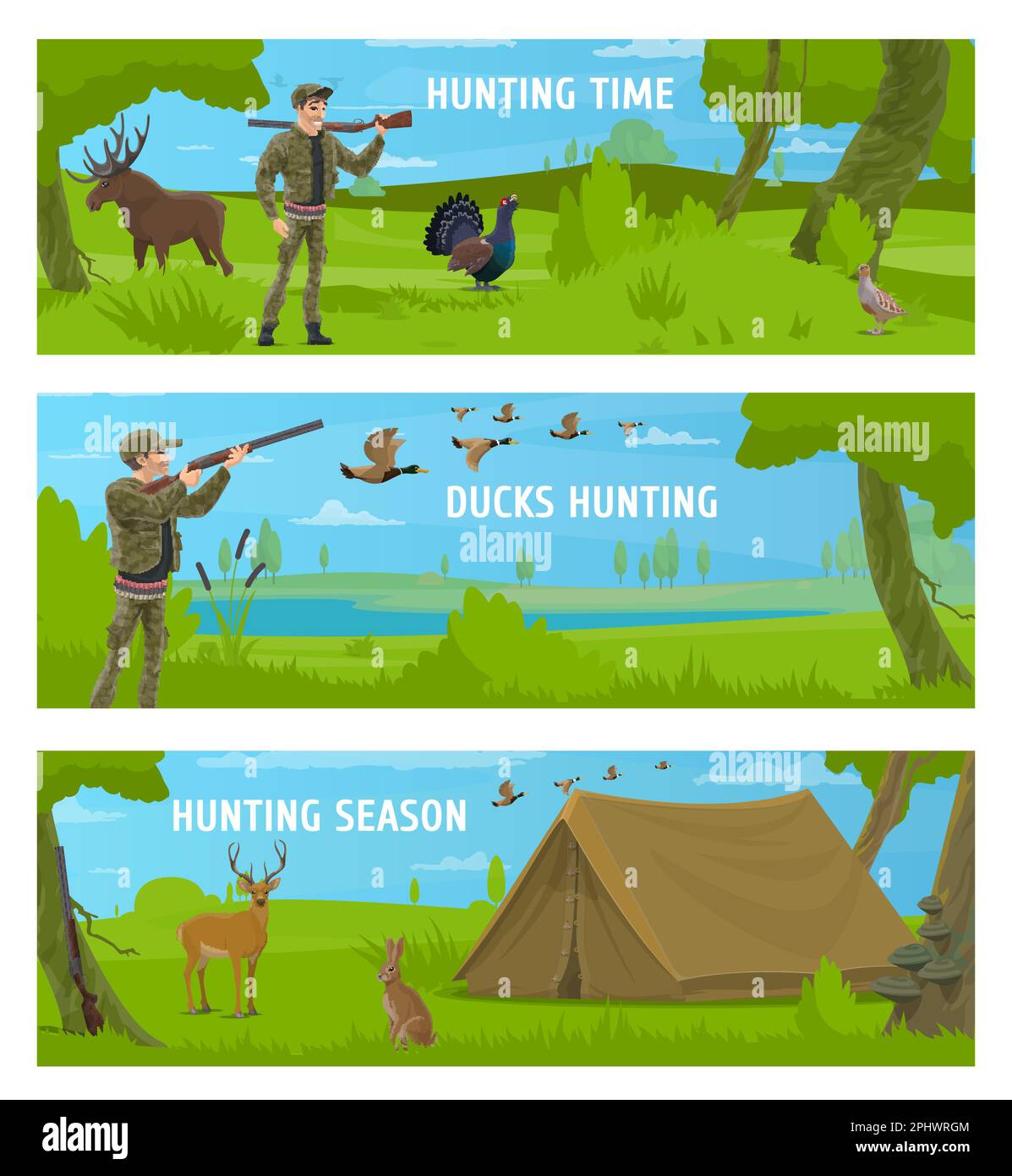 Hunting sport and animals, duck and deer hunters, gun and rifle. Vector hunting camp tent at green forest meadow, cartoon hunters with weapon, ducks, Stock Vector