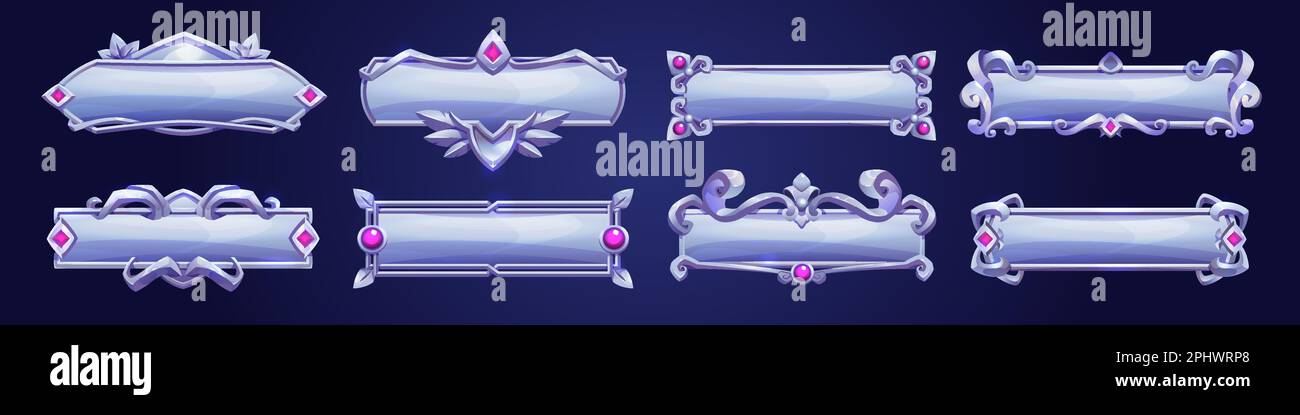 Buttons with fantasy frame for game UI design. Silver banners or title ...