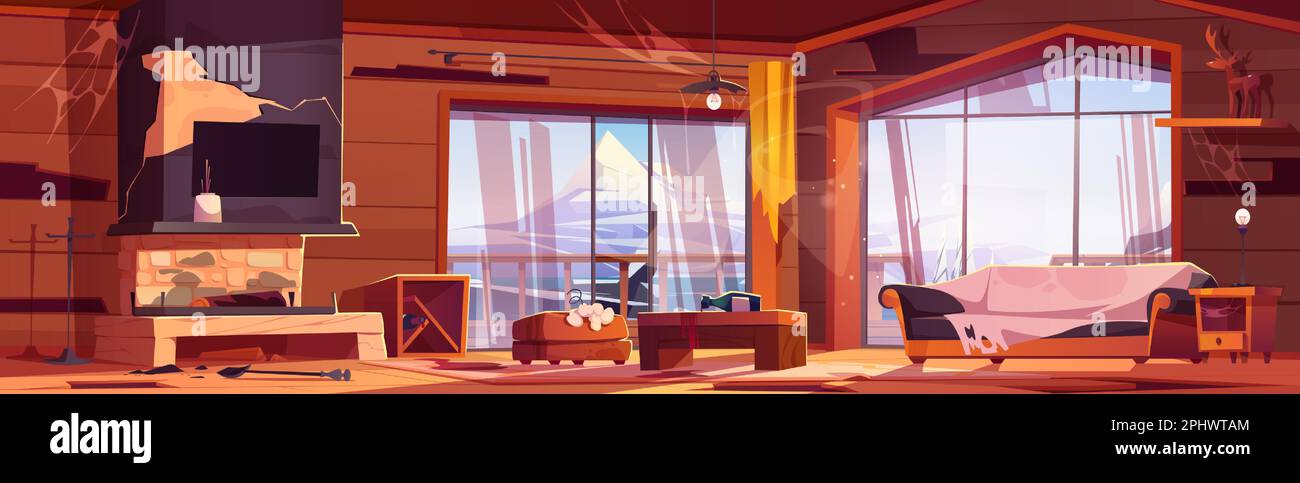 Abandoned wooden chalet interior with mountain view. Vector cartoon illustration of messy room with old broken furniture, spider web on walls, damaged fireplace, spilled wine bottles, dust on shelves Stock Vector