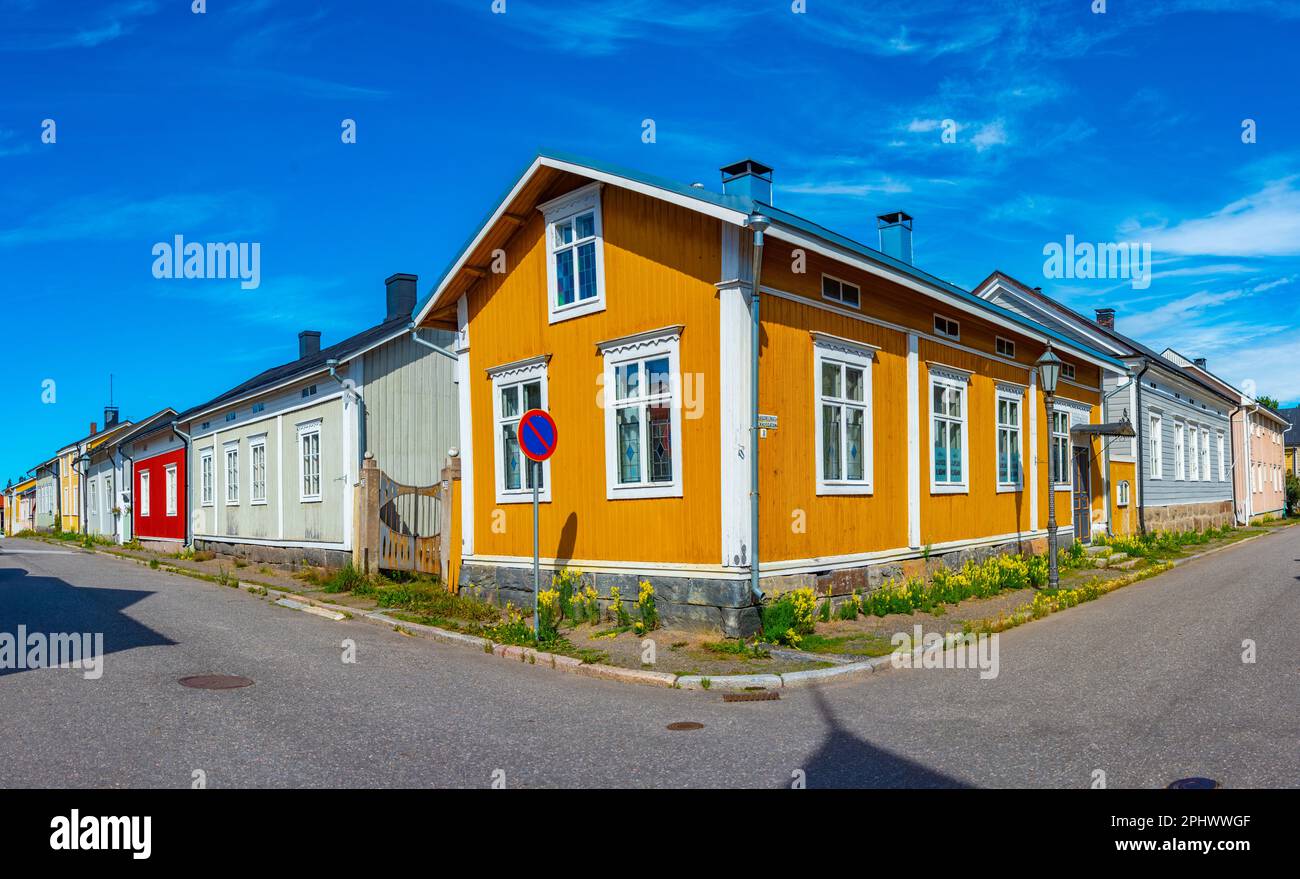 Colorful timber houses in Neristan district of Finnish town Kokkola