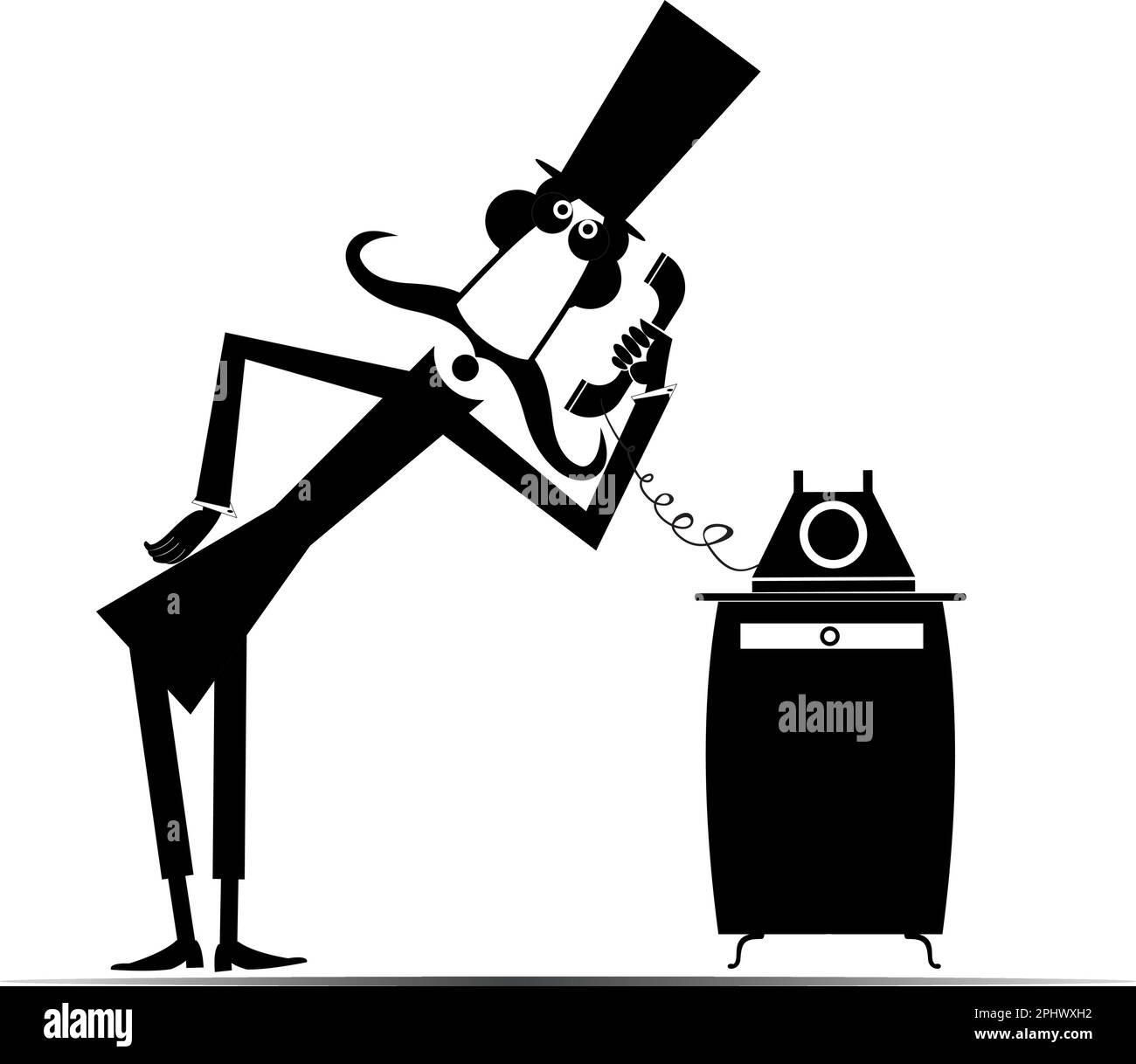 Funny cartoon man with telephone. Cartoon long mustache gentleman in