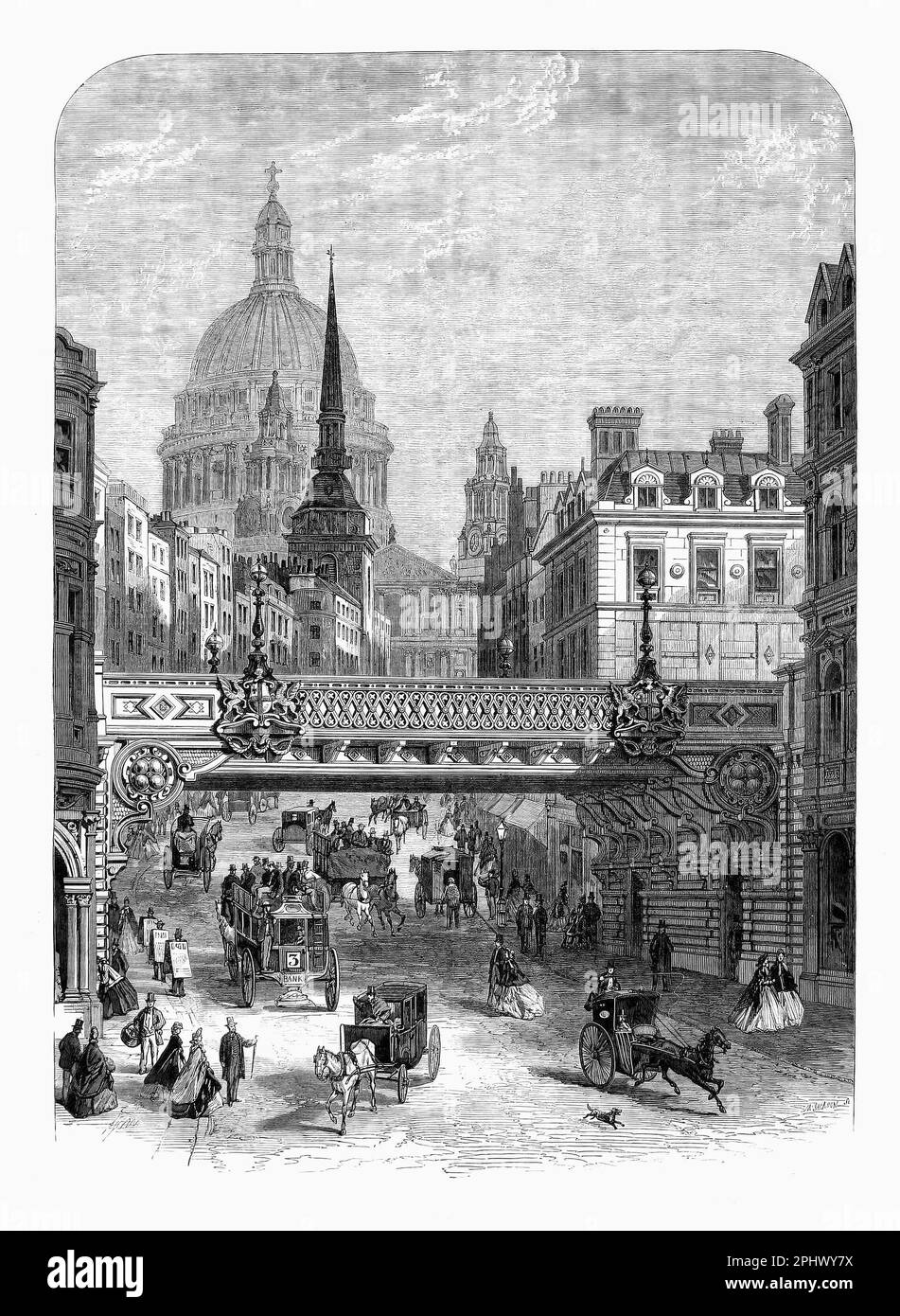 A gentile street scene from 1865 of the ornate Victorian railway bridge over Ludgate Hill in the City of London, England. It was built for use by the London, Chatham and Dover Railway Company Stock Photo
