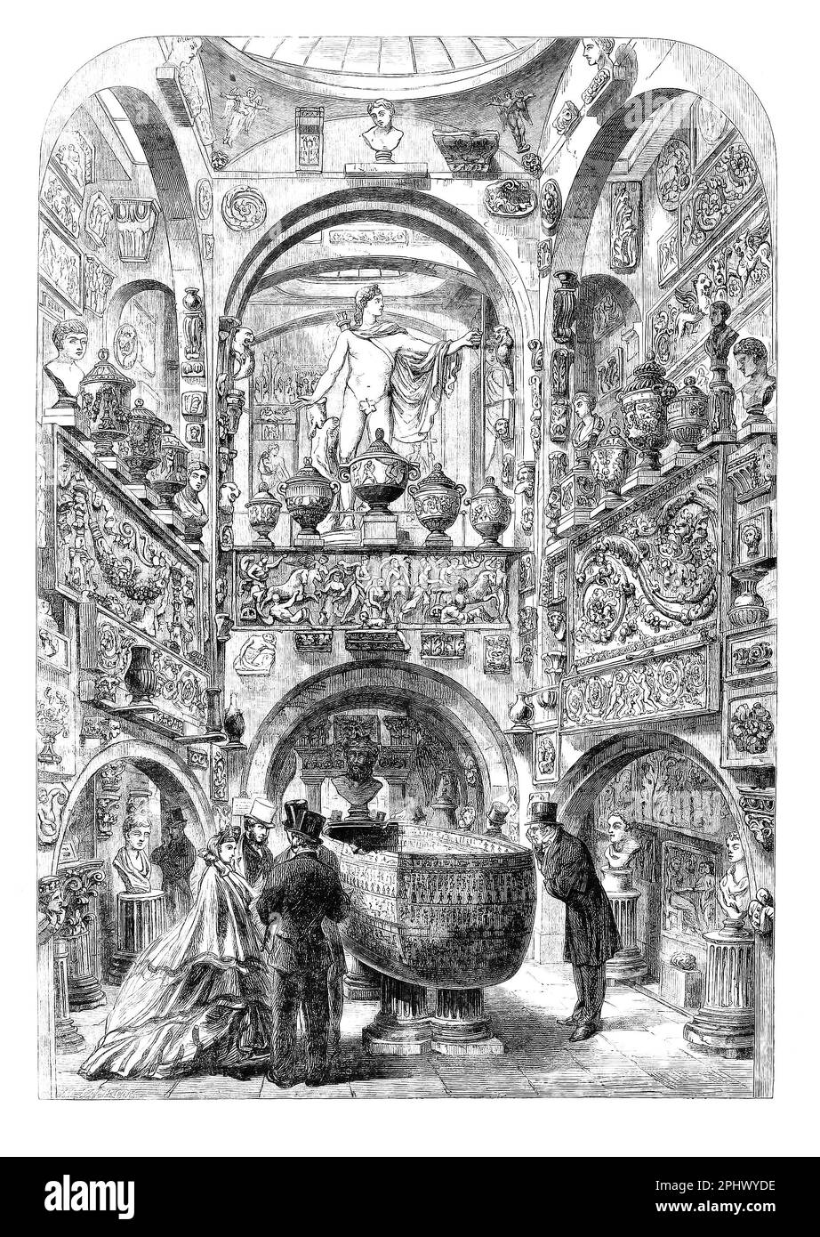 An 1865 illustration of the Sarcophagus Room in Sir John Soane's Museum in Lincoln's Inn Fields in Holborn, London, formerly the home of neo-classical architect John Soane. As his practice prospered, Soane was able to collect objects worthy of the British Museum, including the Sarcophagus of Seti I, covered in Egyptian hieroglyphs. Other antiquities Greek and Roman bronzes, fragments of Roman mosaics, Greek vases  Greek and Roman busts, heads from statues and fragments of sculpture etc Stock Photo