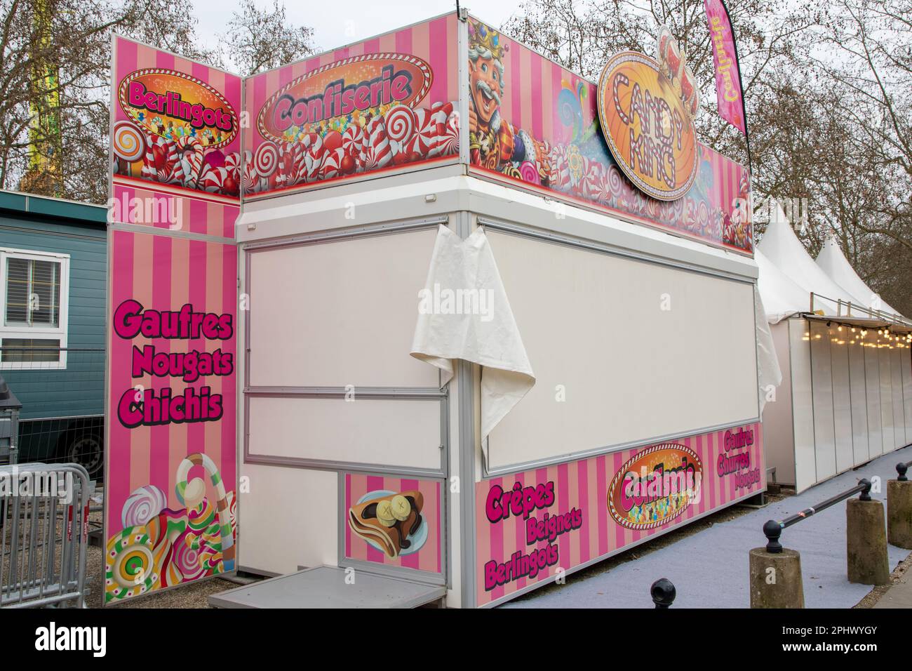 Les Sables-d'Olonne , vendee  France - 03 29 2023 : candy king truck trailer white closed for fairground stand town attraction in city funfair with fr Stock Photo